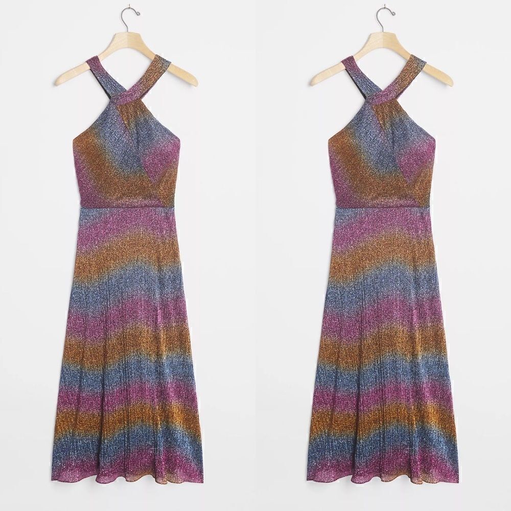 Anthropologie ML Monique Lhuillier Rainbow Shimmer Midi Dress